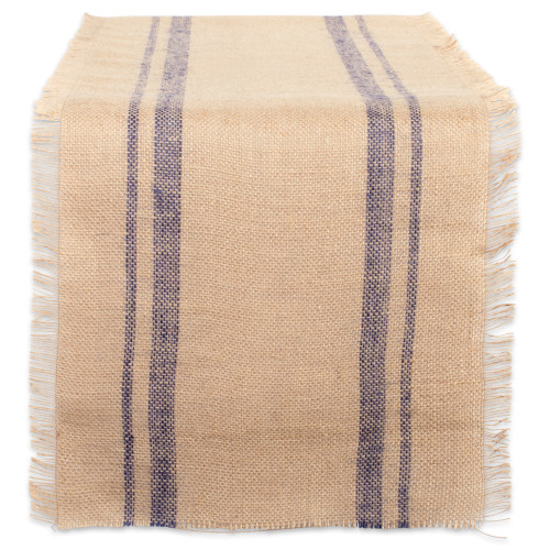 Double Stripe Fringed Burlap Table Runner - 72" - Beige and Blue - IMAGE 1