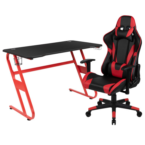 51" Red and Black Gaming Set Reclining Chair With Desk - IMAGE 1