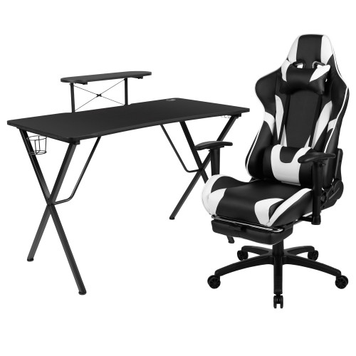 Set of 2 Black and White Video Game Desk with Footrest Reclining Chair 51.5" - IMAGE 1