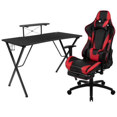 Set of 2 Red and Black Video Game Desk with Footrest Reclining Chair 51.5" - IMAGE 1