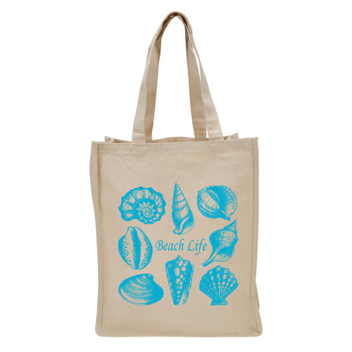 17" Beige Reusable Shopping and Tote Bag with Sea Shells Design - IMAGE 1