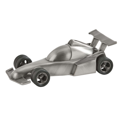 6" Silver Stainless Steel Race Car Design Coin Bank - IMAGE 1