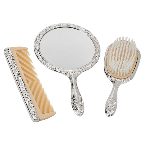 Set of 3 Bright Nickel-Plated, Ornate-Designed Comb, Brush And Mirror, 7.375" - IMAGE 1
