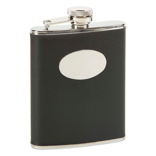 3.75" x 5.25" Black Leatherette Hinged Flask with Engraving Plate - IMAGE 1
