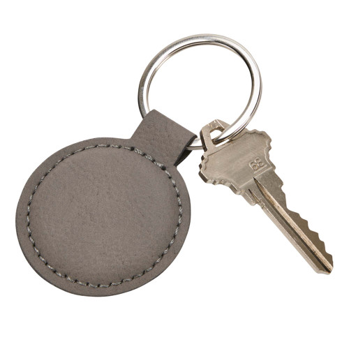 1 7/8" Gray Round Leatherette Key Chain - IMAGE 1