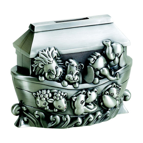 4" X 5" Silver Gray Brushed Nickel Non-Tarnish Noah's Ark Coin Bank - IMAGE 1