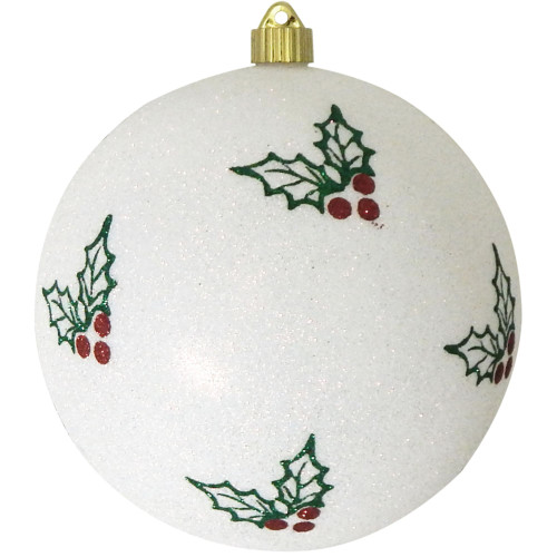 Snowball White and Green Holly Shatterproof Glitter Christmas Ball Ornament 8" (200mm) - IMAGE 1