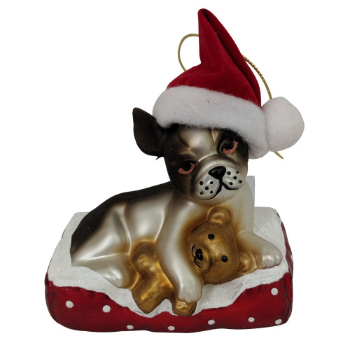 4" White and Red Dog with Santa Hat Figurine Christmas Ornament - IMAGE 1