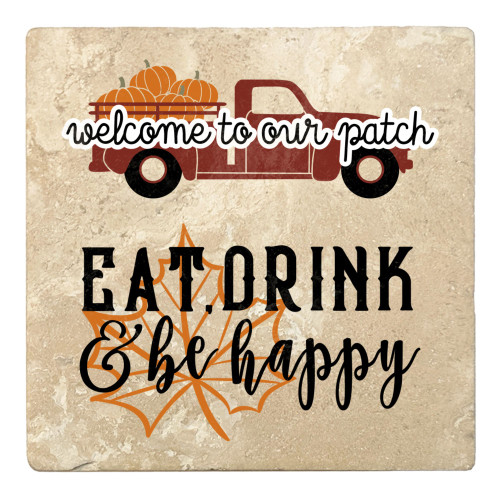 Set of 4 Ivory and Black "welcome to our patch EAT, DRINK & be happy" Square Coasters 4" - IMAGE 1
