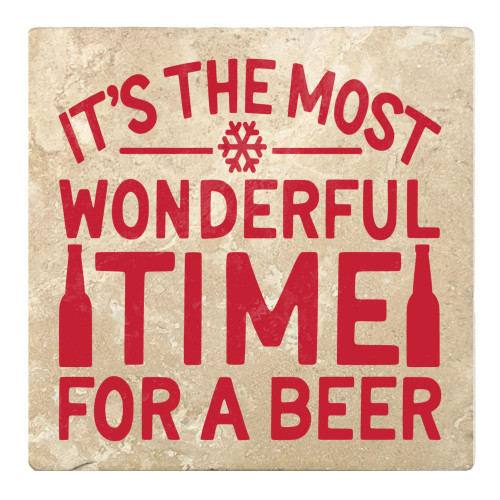 Set of 4 Ivory and Red "IT'S THE MOST WONDERFUL TIME FOR A BEER" Square Coasters 4" - IMAGE 1