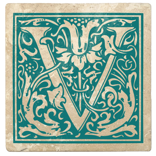 Set of 4 Ivory and Teal Blue Alphabet "V" Square Monogram Coasters 4" - IMAGE 1