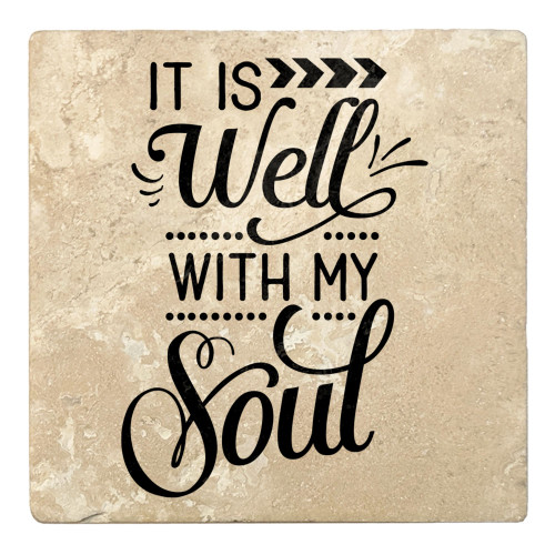 Set of 4 Beige and Black "IT IS Well WITH MY Soul" Square Coasters 4" - IMAGE 1