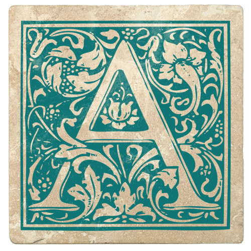 Set of 4 Ivory and Teal Blue Alphabet "A" Square Monogram Coasters 4" - IMAGE 1