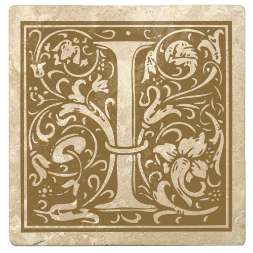 Set of 4 Ivory and Harvest Gold Alphabet "I" Square Monogram Coasters 4" - IMAGE 1