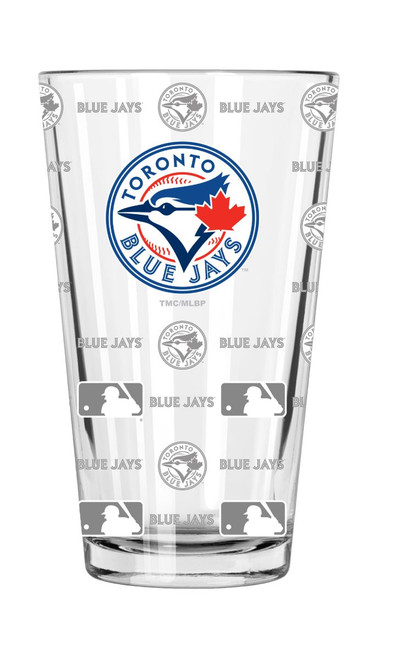 5.75" Clear and Red MLB Toronto Blue Jays Sandblasted Pint Glass 16 oz. - IMAGE 1