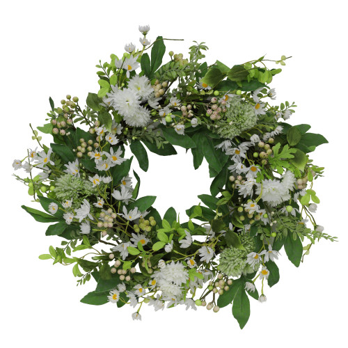 Green and White Daisy Faux Twig Spring Mixed Floral Wreath - 24-Inch, Unlit - IMAGE 1