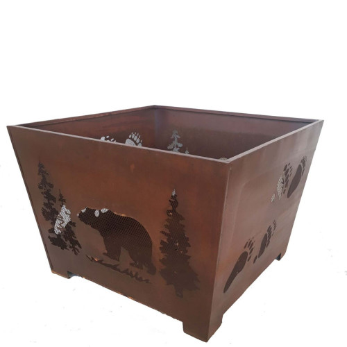24" Brown Rustic Finish Bear Square Outdoor Fire Basket - IMAGE 1