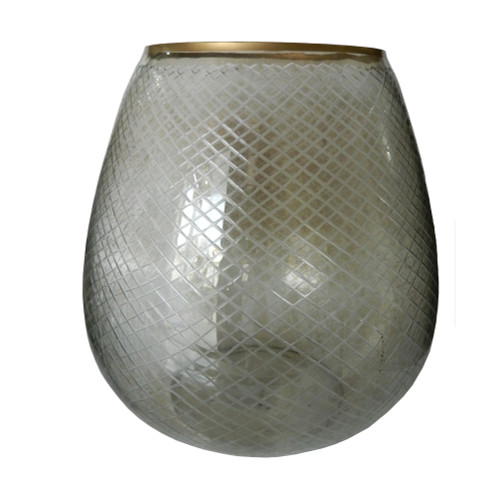 15.75" Gray Cross Cut Glass Pillar Candle Holder with Gold Rim - IMAGE 1