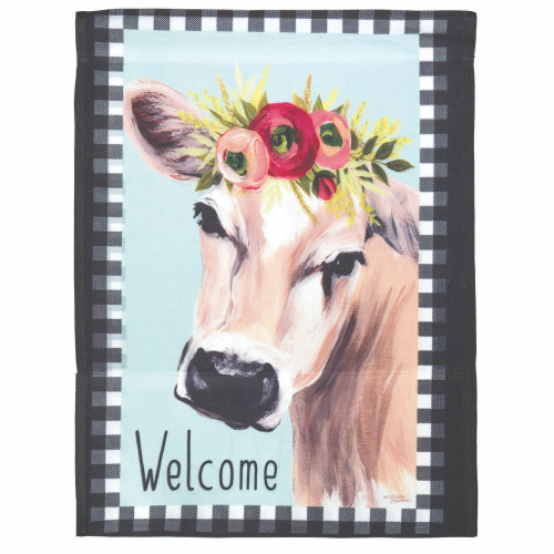 Floral Welcome Cow Sublimated Outdoor Garden Flag - 18" x 13" - IMAGE 1