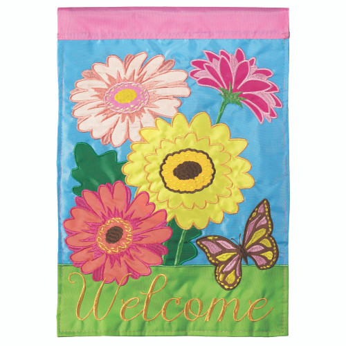 Embroidered Gerber Daisy Welcome Double Applique Outdoor House Flag - 42" x 29" - IMAGE 1