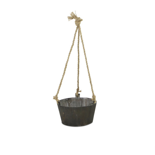 11" Brown Round Wooden Hanging Planter with Rope - IMAGE 1