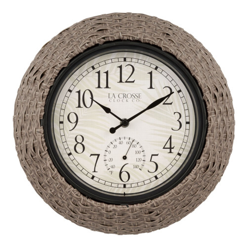 14" Brown and Ivory Round Weaver Wall Clock with Temperature Gauge - IMAGE 1
