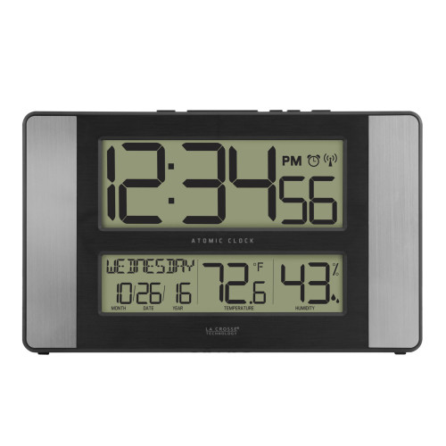 11" Gray and Black Atomic Digital Wall Clock with Temperature and Calendar - IMAGE 1