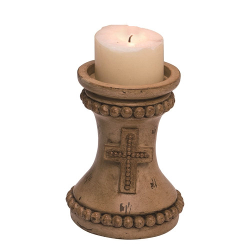 11.5" Rustic Embossed Cross Pillar Candle Holder - IMAGE 1