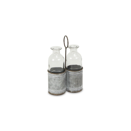 Set of 2 Black and Gray Glass Jars with Galvanized Jar Holder 8" - IMAGE 1