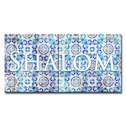 White and Blue 'Shalom III' Hand-Crafted Rectangular Wall Art Decor 12" x 24" - IMAGE 1