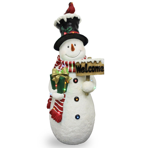 28.5" White Pre-Lit Snowman with Gift Outdoor Christmas Decor - IMAGE 1