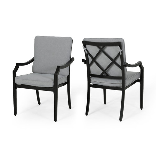 Set of 2 Black Contemporary Outdoor Furniture Patio Dining Chairs - Abalone Gray Cushions - IMAGE 1