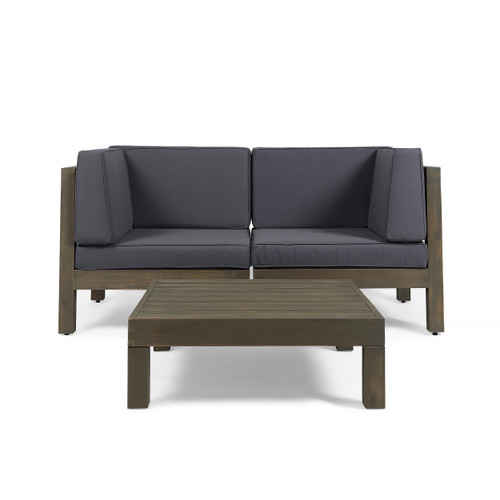 3-Piece Gray Contemporary Wood Outdoor Furniture Patio Chat Set - Dark Gray Cushions - IMAGE 1