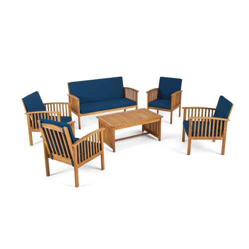 6pc Brown and Blue Contemporary Outdoor Chat Set with Cushions - IMAGE 1