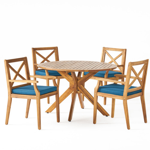 5-Piece Brown Contemporary Round Outdoor Furniture Patio Dining Set - Blue Cushions - IMAGE 1