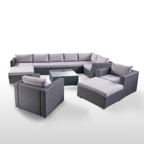 11-Piece Gray Outdoor Furniture Patio Sectional Sofa Set - Silver Cushions - IMAGE 1