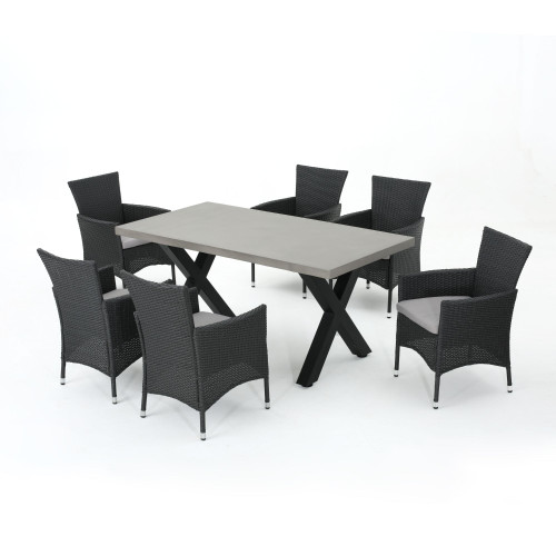 7-Piece Black Wicker Finish Concrete Outdoor Furniture Patio Dining Set - Silver Cushions - IMAGE 1