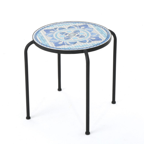 17" Blue and White Contemporary Outdoor Patio Round Side Accent Table - IMAGE 1