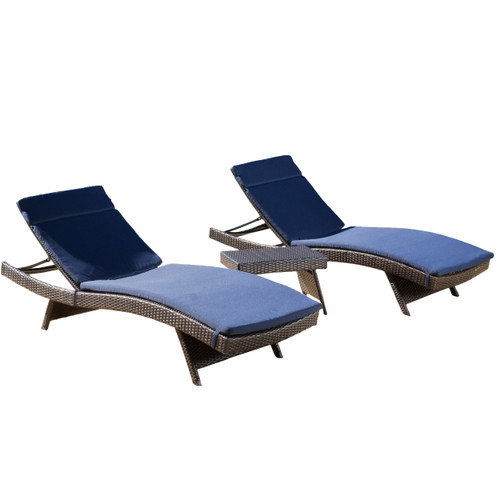 3-Piece Brown Wicker Outdoor Furniture Patio Chaise Lounges and Table Set - Navy Blue Cushions - IMAGE 1