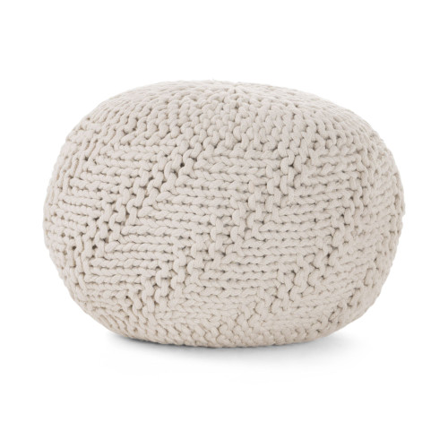20" Ivory Contemporary Hand Knitted Outdoor Patio Pouf Ottoman with Filler - IMAGE 1