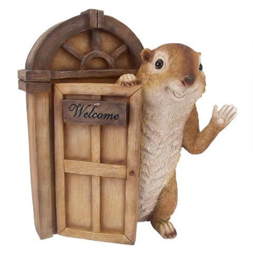 Squirrel with "Welcome" Sign Tree House Door Sculpture - 11" - IMAGE 1