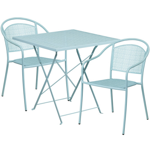 Set of 3 Sky Blue Square Outdoor Patio Folding Table with Round Back Chairs - IMAGE 1