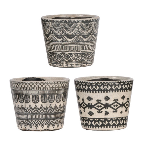 Tribal Pattern Terra Cotta Planters - 5.5" - Set of 3 - IMAGE 1