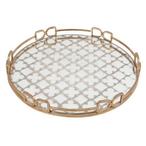 Large Geometric Mirror Glass Round Tray - 18" - Gold and Clear - IMAGE 1