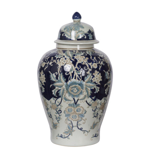 Large Floral Porcelain Lidded Jar - 23.25" - Blue and White - IMAGE 1