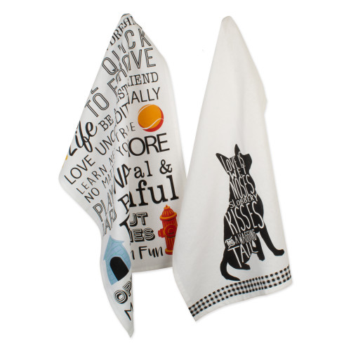 Set of 2 Black and White Rectangular Dog Printed Dishtowels 28" - IMAGE 1