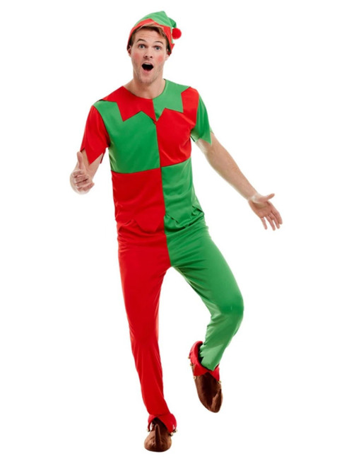 40" Red and Green Elf Men Adult Halloween Costume - Large - IMAGE 1
