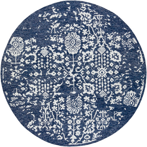 8' Broken Fragments Blue and Ivory Round Hand Tufted Wool Area Throw Rug - IMAGE 1