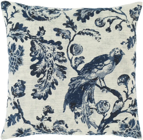 20" Blue and Ivory Bird on Branch Victorian Square Throw Pillow with Down Filler - IMAGE 1