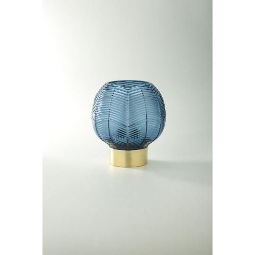 7.5" Blue Leaf Pattern Glass Bowl Vase with Gold Base - IMAGE 1